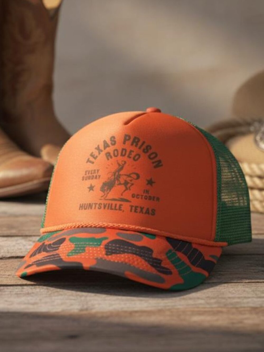 Texas Prison Rodeo Hat Huntsville Cowboy Custom Printed Camo Trucker Cap New